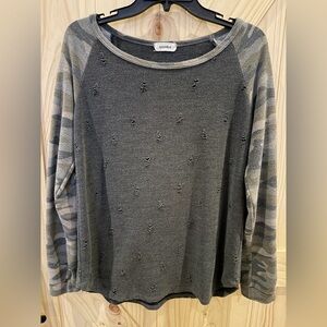 Adora brand distressed camo long sleeve top